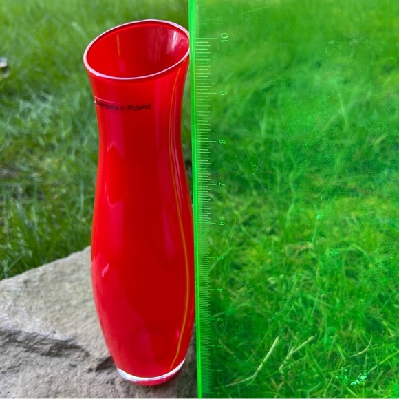 Slender Red Glass Vase Made in Poland 10" inch Tall Translucent Glass Drop Rim - Picture 6 of 8